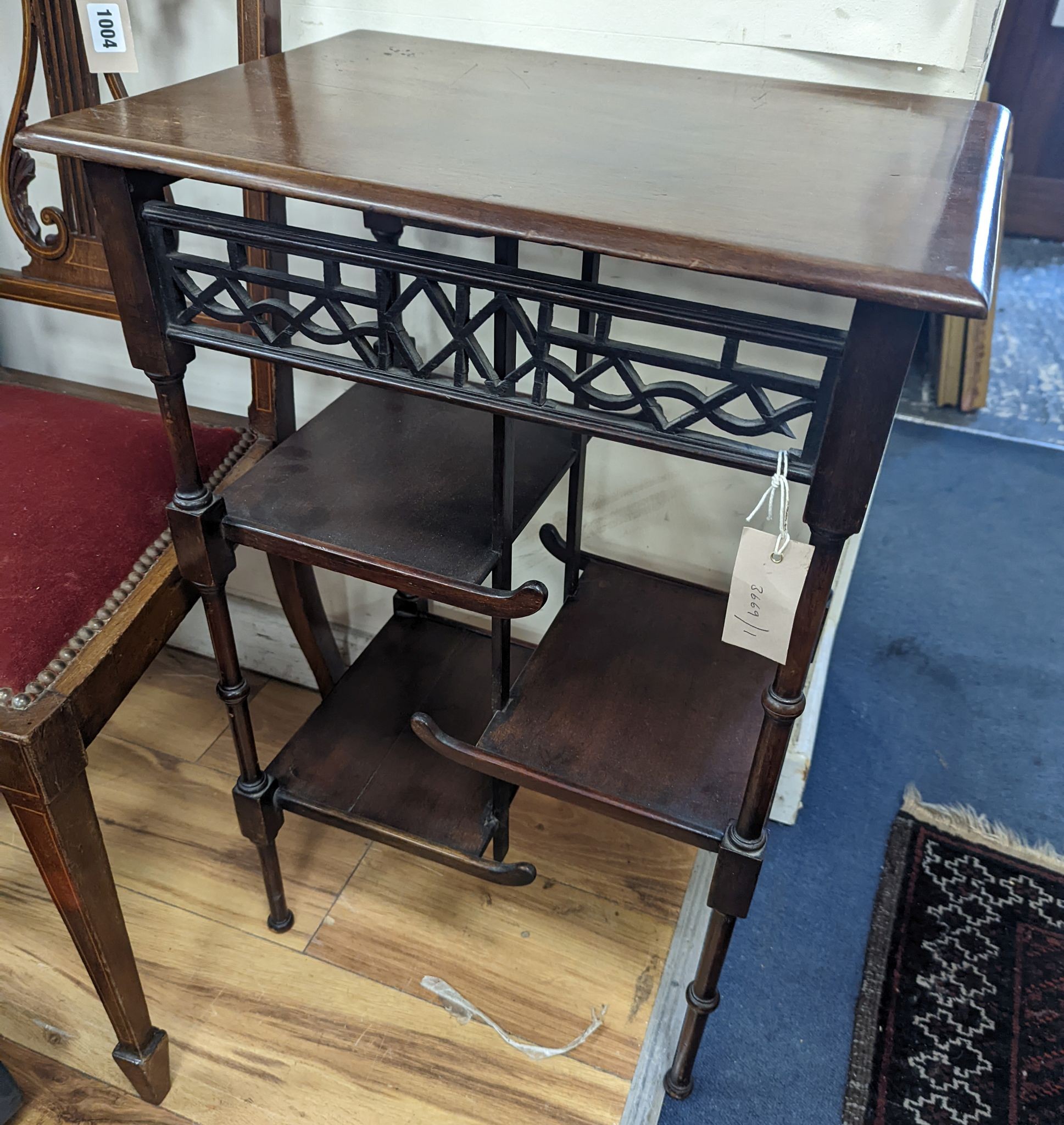 A Victorian aesthetic movement chinoiserie occasional table, in the manner of EW Godwin, width 46.5cm, depth 34.5cm, height 68.5cm